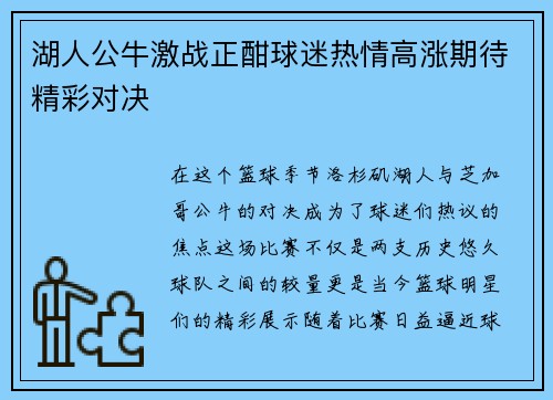 湖人公牛激战正酣球迷热情高涨期待精彩对决